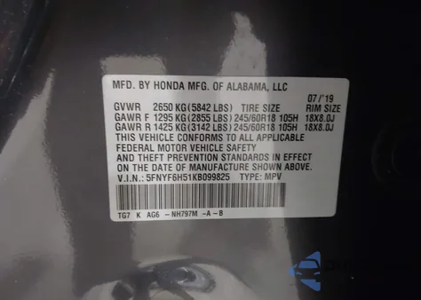 2019 Honda Pilot Ex-L from USA, damaged, VIN 5FNYF6H51KB099825